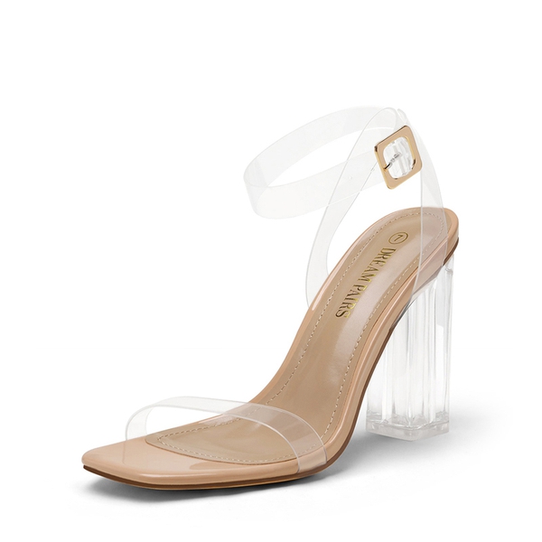Women's Square Toe Clear Chunky Heel Sandals - NUDE CLEAR -  0